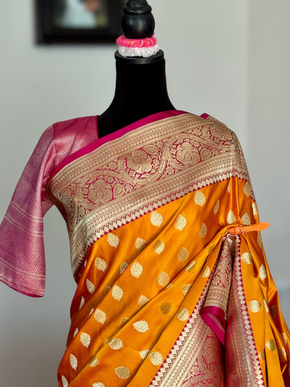 Orange Handloom Banarasi Silk Saree With Stitched Blouse