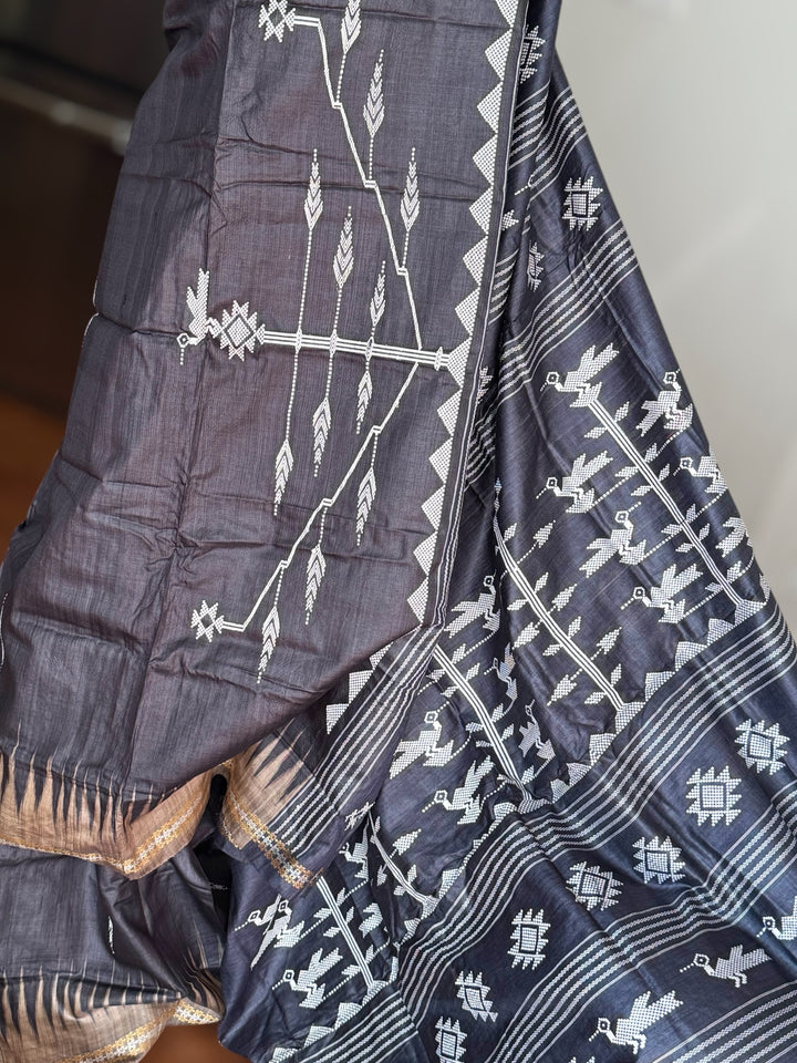 Ganjam Bomkai inspired handwoven pure Tussar silk saree in Black color