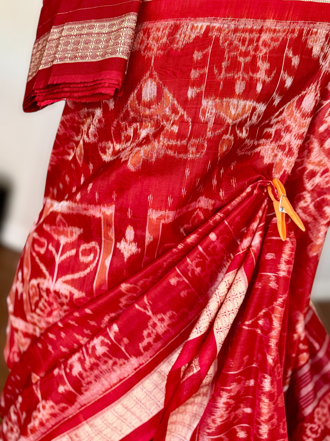 Dark Coral Red handwoven Sambalpuri Ikat Silk saree |Odisha Weaves