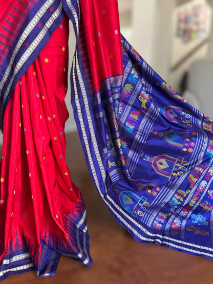 Gorgeous Red with Royal BlueNandighosa pure silk saree from Odisha Weaves| Bomkai|
