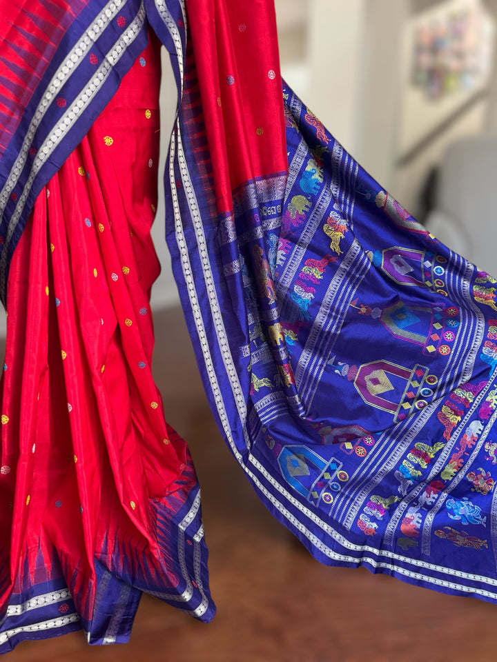 Gorgeous Red with Royal BlueNandighosa pure silk saree from Odisha Weaves| Bomkai|