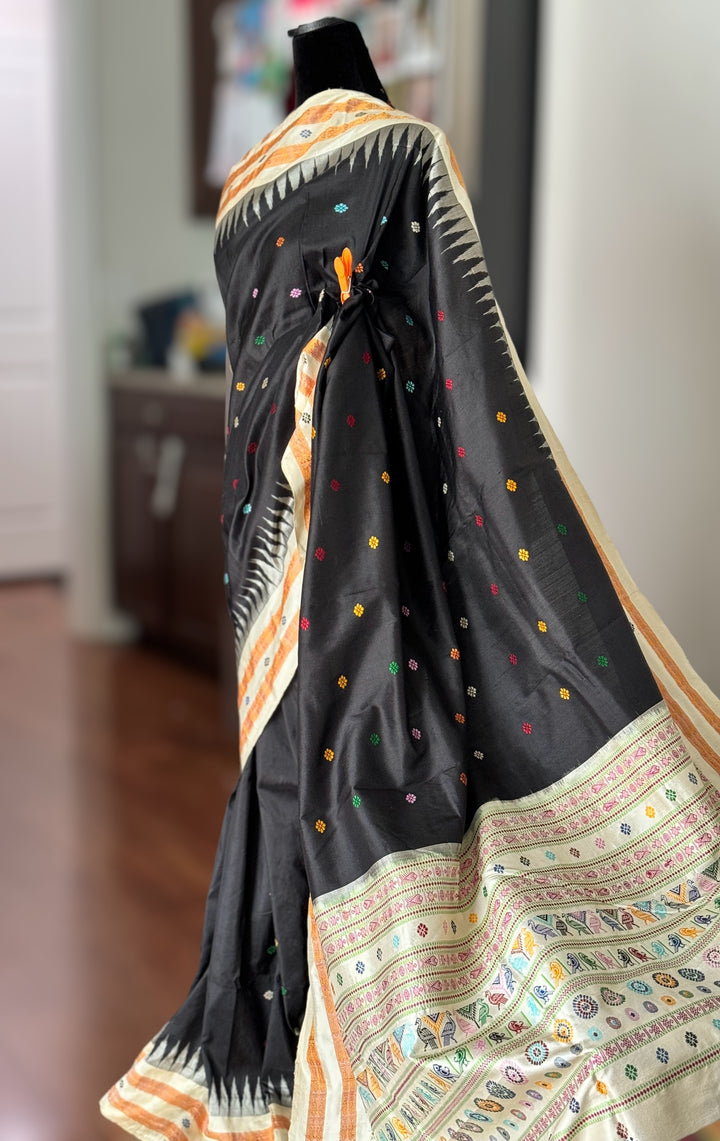 Gorgeous Black and Beige Combination Dolabedi pure silk saree from Odisha Weaves
