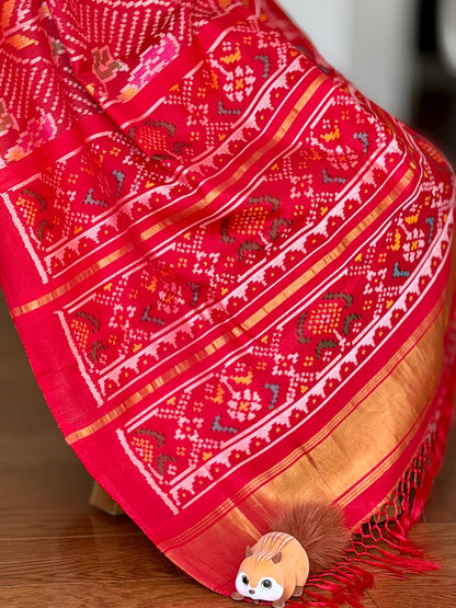 Red color single ikat patan Patola pure silk saree (aka semi-double ikat)