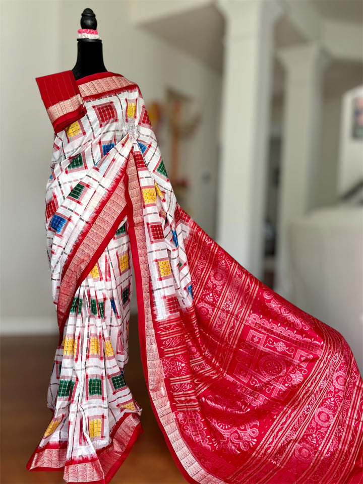 Handwoven White Aswini Sambalpuri Double ikat pure silk saree|Odisha Weaves|