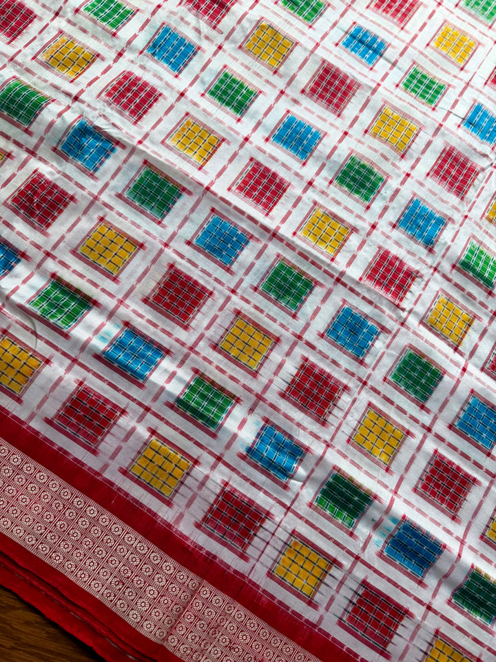 Handwoven White Mini (Chhoti)Aswini Sambalpuri Double ikat pure silk saree|Odisha Weaves|