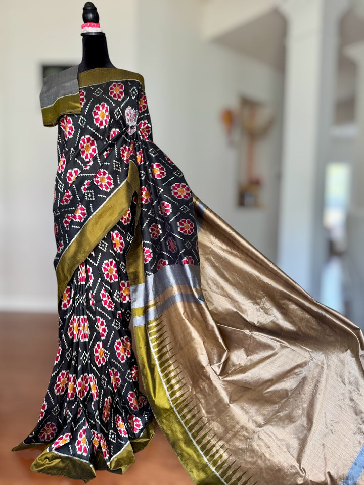 Black color handwoven ikat pure silk saree with Baghambari motif|Odisha Weaves|Contemporary Ikat|