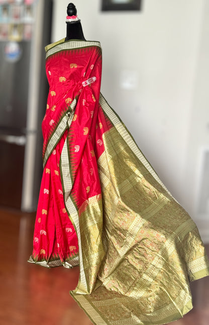 Red with mehendi green elephant motif Exclusive Bomkai pure silk Saree