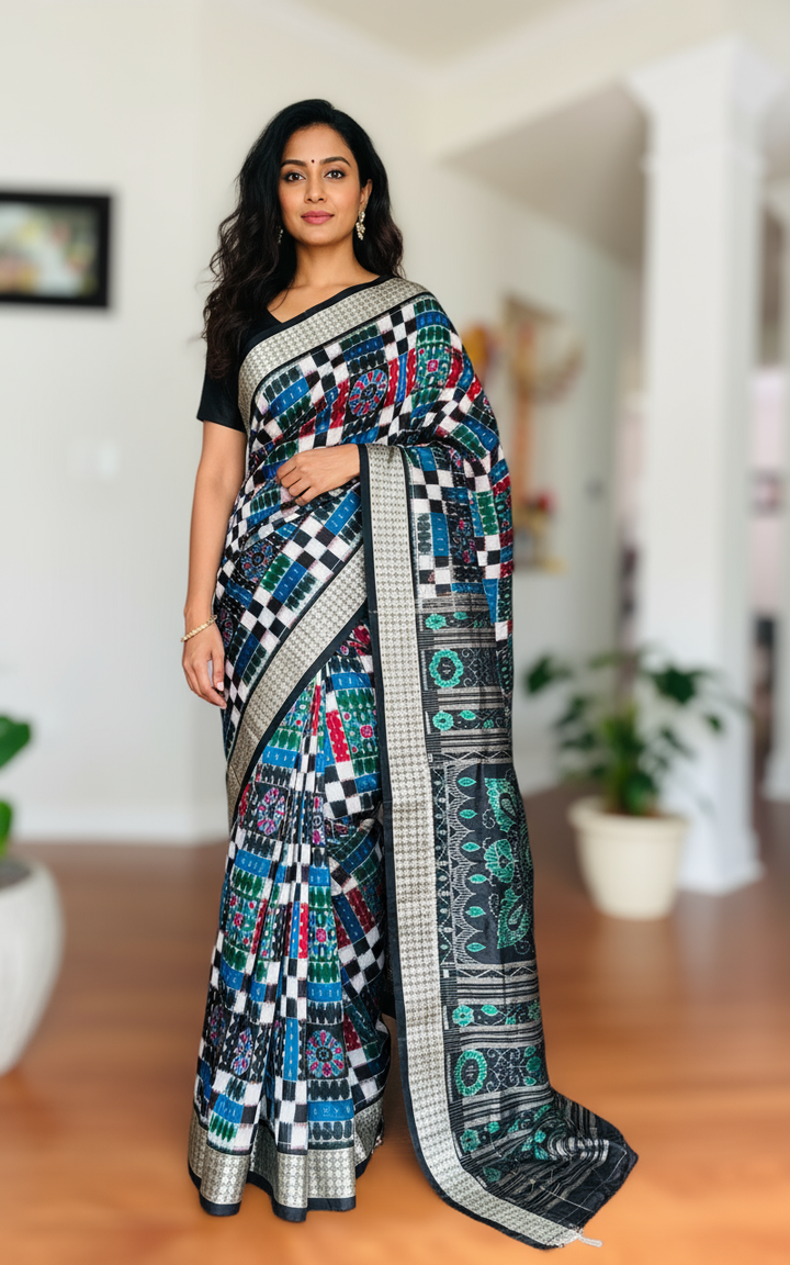 Handwoven Utkal Laxmi Sambalpuri ikat pure silk saree, Green Ikat pallu|Odisha Weaves|