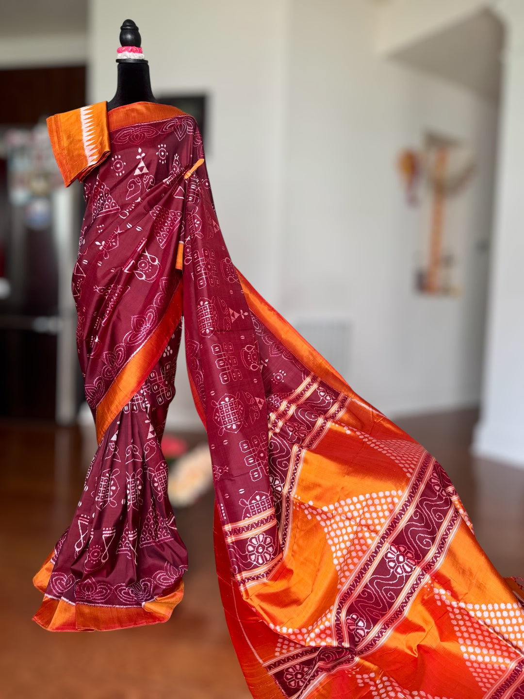 Maroon with orange yellow color handwoven Chita patterned ikat pure silk saree|Odisha Weaves|Contemporary Ikat