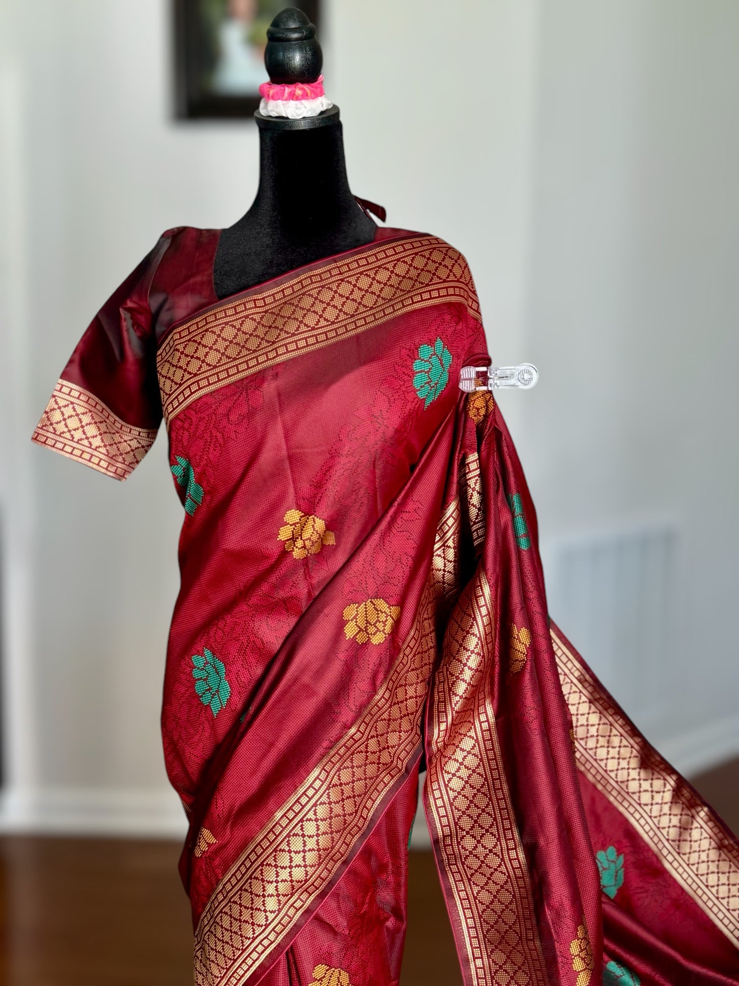 Lovely rust red designer weaved and textured saree with stitched blouse| Value Vogue