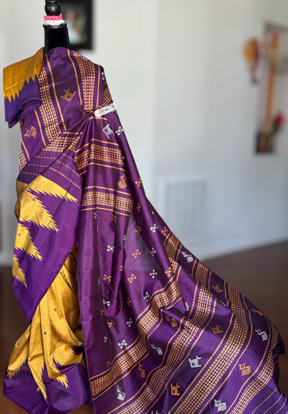 Mustard with purple combination Berhampuri Double Pallu pure silk saree