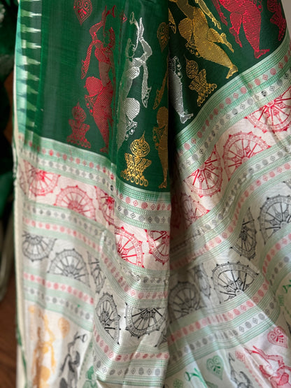 Green Dancer theme Master woven Bomkai Puresilk Sare