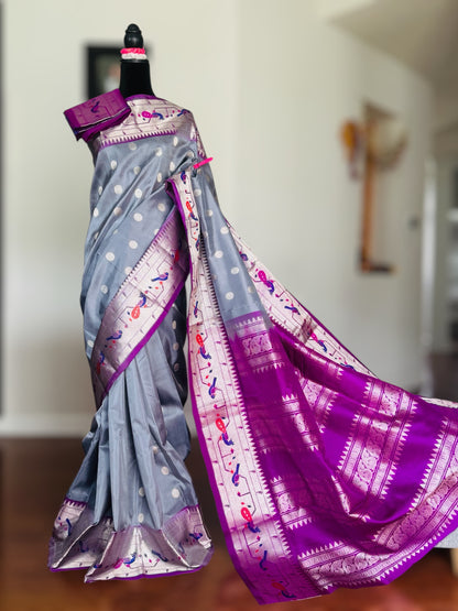 Grey purple high quality Venkatagiri handloom pure silk saree with Paithani border