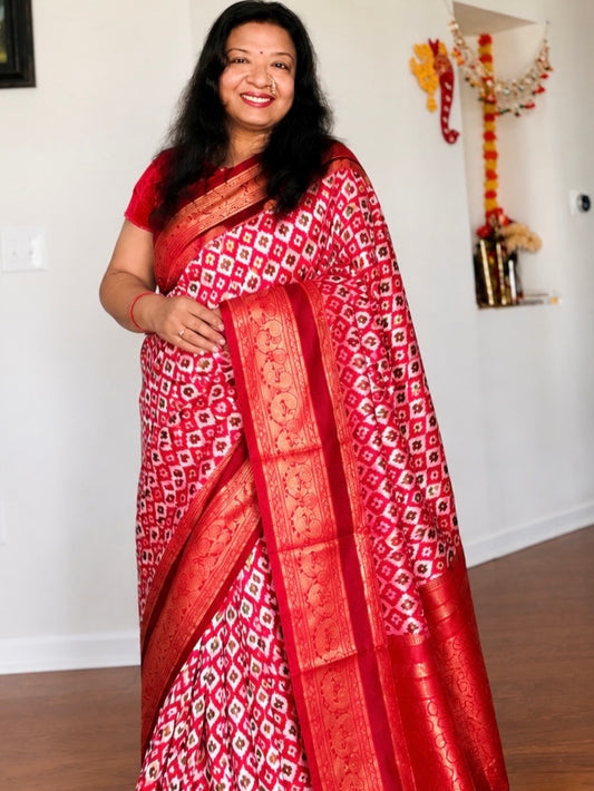 Red Twill Ikkat (Pochampally)handwoven pure silk Saree with Zari Woven Kanchipuram Border