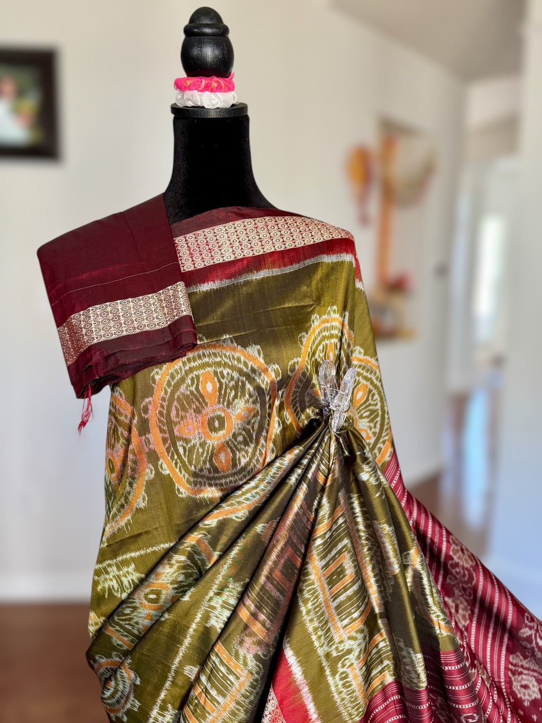 Olive green with maroon handwoven Sambalpuri Ikat Silk saree |Odisha Weaves