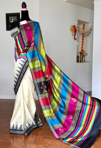 Off-white color traditional weaving Berhampuri colorful double pallu Pure Silk Saree