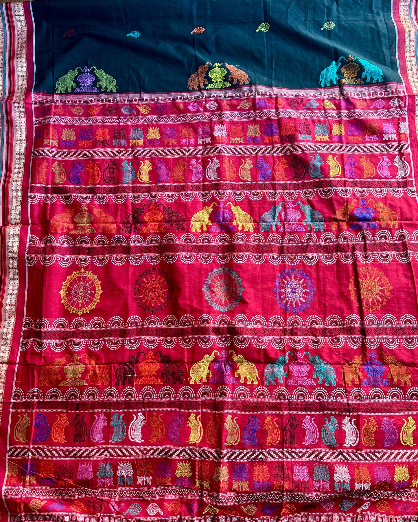 Handwoven Bomkai cotton saree in black red combinations