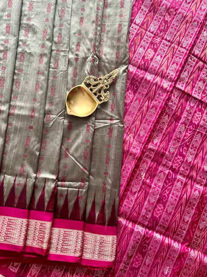 Grey with pink Hajar buti Sambalpuri Ikat pure silk Saree from Odisha Weaves