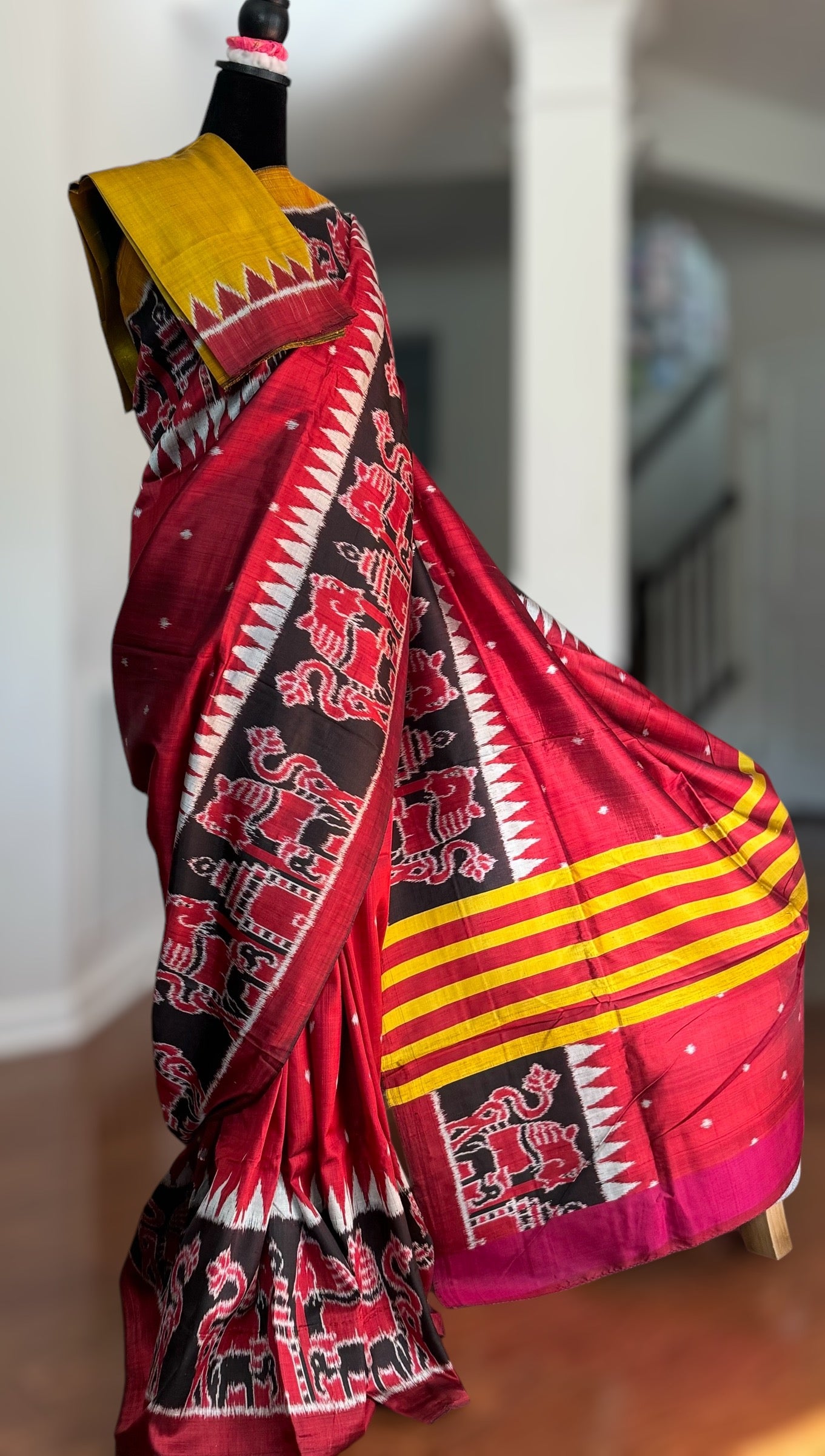 Maroon-ish Red Contemporary ikat pure silk Saree from Odisha weaves