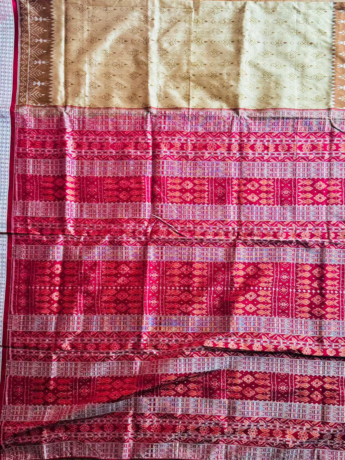 Golden baige and maroon-ish red handwoven Sambalpuri pure Ikkat silk saree | Odisha Weaves