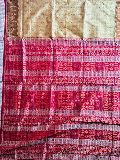 Golden baige and maroon-ish red handwoven Sambalpuri pure Ikkat silk saree | Odisha Weaves