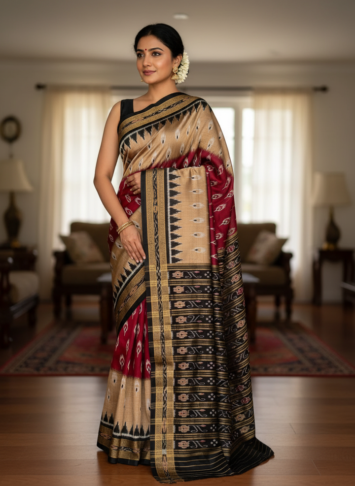 Maroon Beige Chandrika body Contemporary Ikat Pure Silk Saree|Odisha Weaves|Mishrita