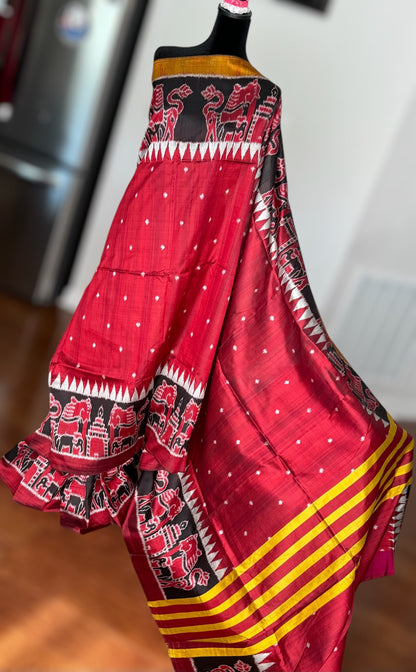 Maroon-ish Red Contemporary ikat pure silk Saree from Odisha weaves