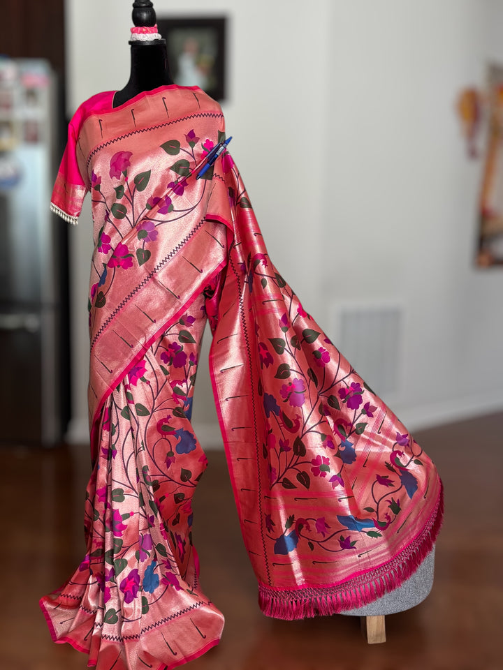 Pink color paithani inspired brocade saree with stitched blouse| Value Vogue