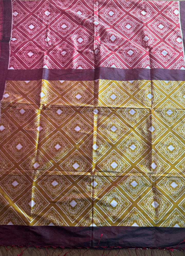 High quality contemporary Ikat Pure silk saree in light rust red