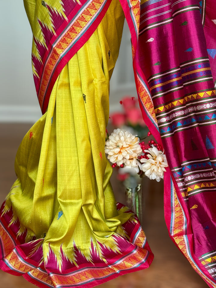 Light green and magenta pink combination Dongria double pallu contemporary ikat pure silk saree