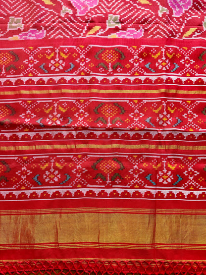 Red color single ikat patan Patola pure silk saree (aka semi-double ikat)