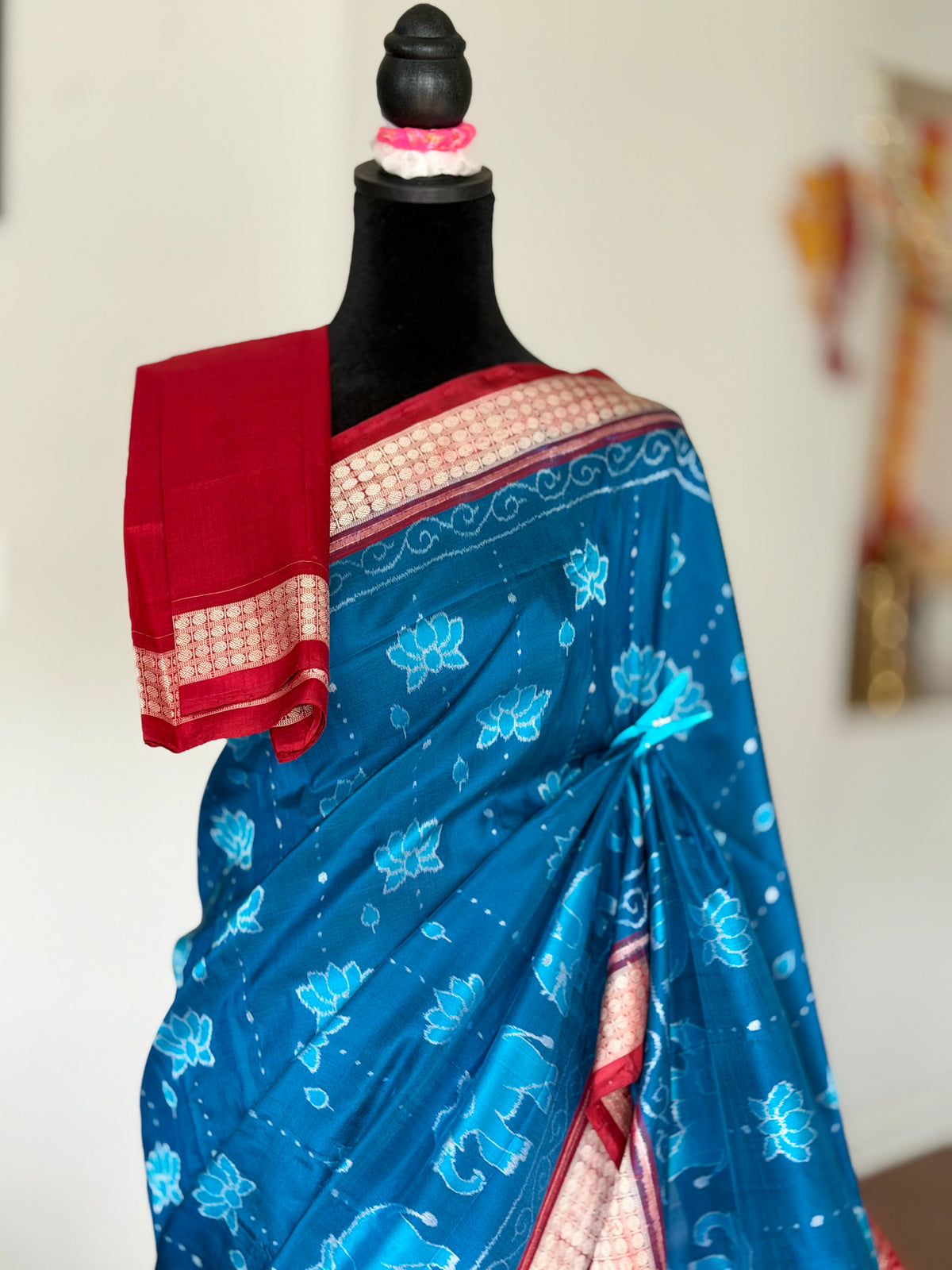 Teal blue and maroon handwoven Sambalpuri thousand motif pure Ikkat silk saree | Odisha Weaves