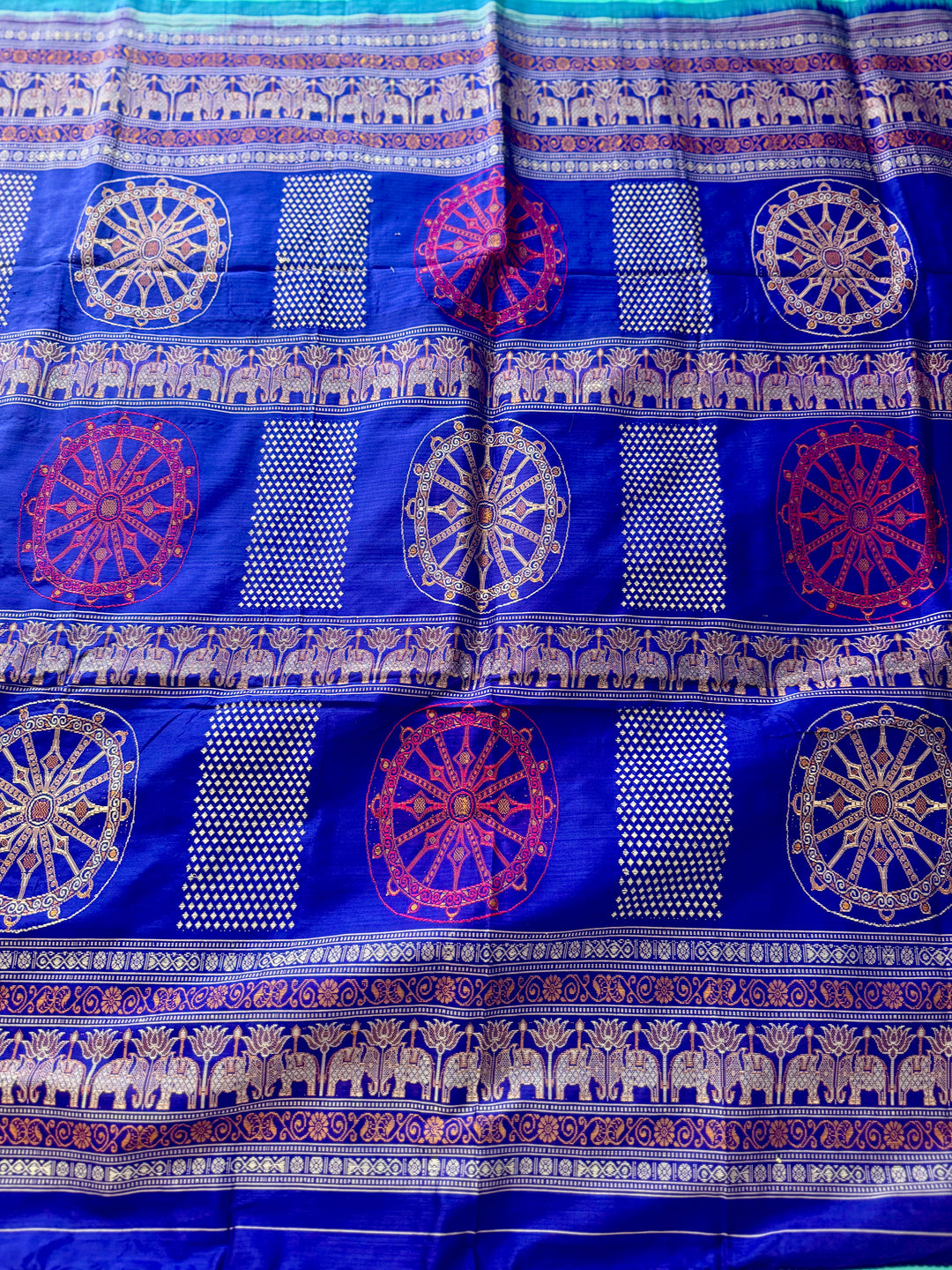 Konark theme Handwoven Bomkai Pure Silk Saree – Turquoise Blue with Royal Blue Pallu from Odisha Weaves