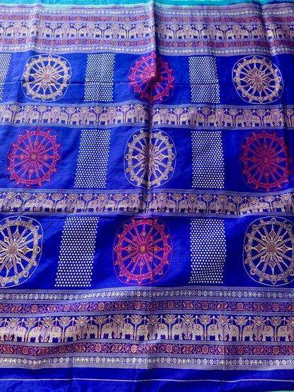 Konark theme Handwoven Bomkai Pure Silk Saree – Turquoise Blue with Royal Blue Pallu from Odisha Weaves
