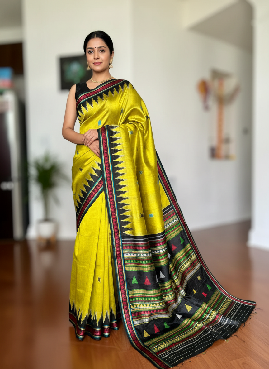 Light green and black combination Dongria double pallu contemporary ikat pure silk saree