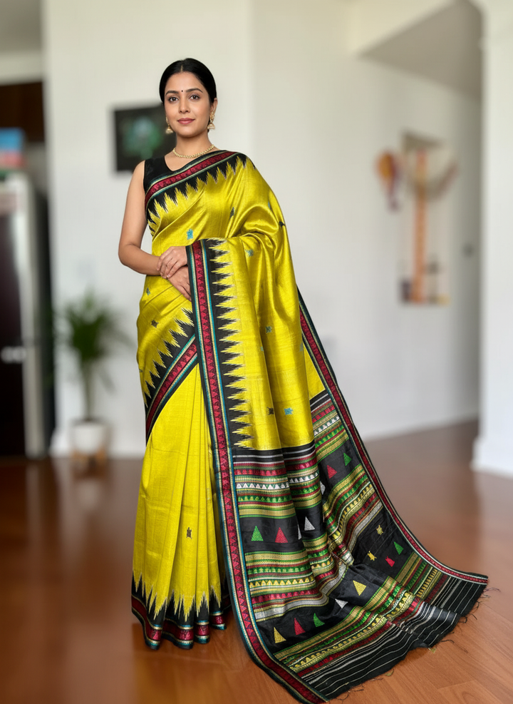 Light green and black combination Dongria double pallu contemporary ikat pure silk saree