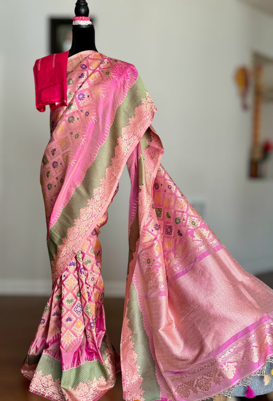 Luxurious Pink Banarasi pure katan silk saree with multicolor thread kadhwa meenakari weaving