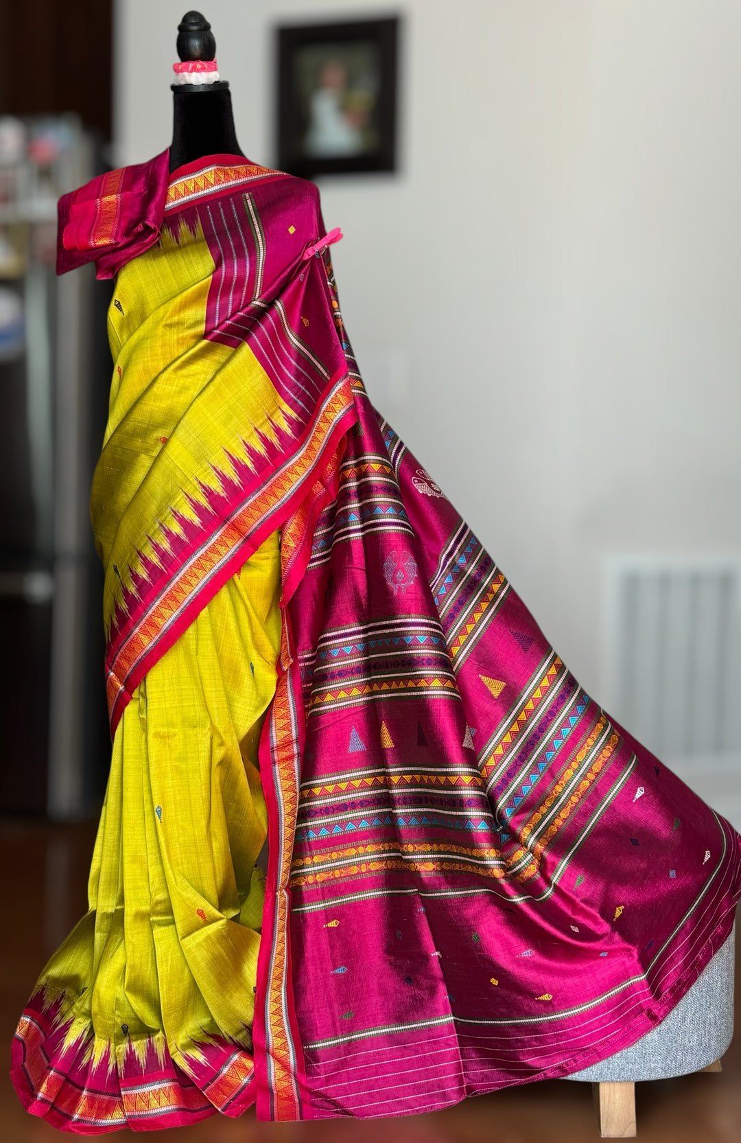 Light green and magenta pink combination Dongria double pallu contemporary ikat pure silk saree