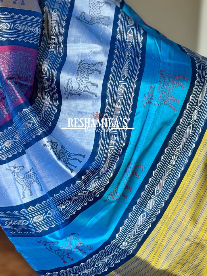 Blue Berhampuri Pure Silk Saree with multi color animal motif Double pallu