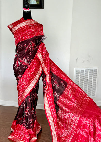 Bird theme Sambalpuri double ikkat pure silk saree in brown and red combination