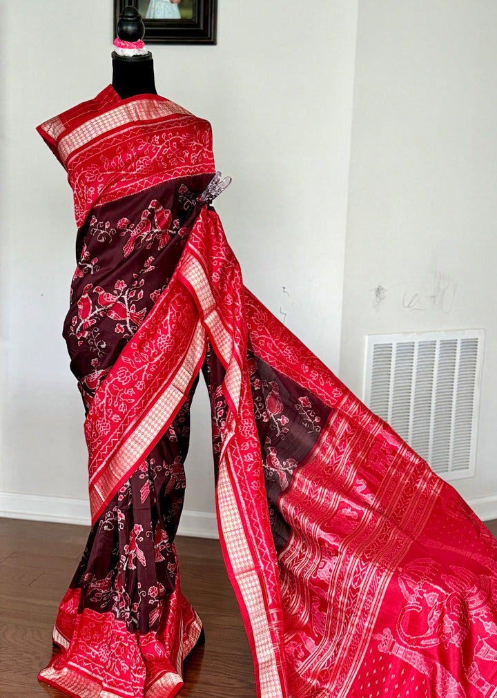 Bird theme Sambalpuri double ikkat pure silk saree in brown and red combination |Odisha Weaves