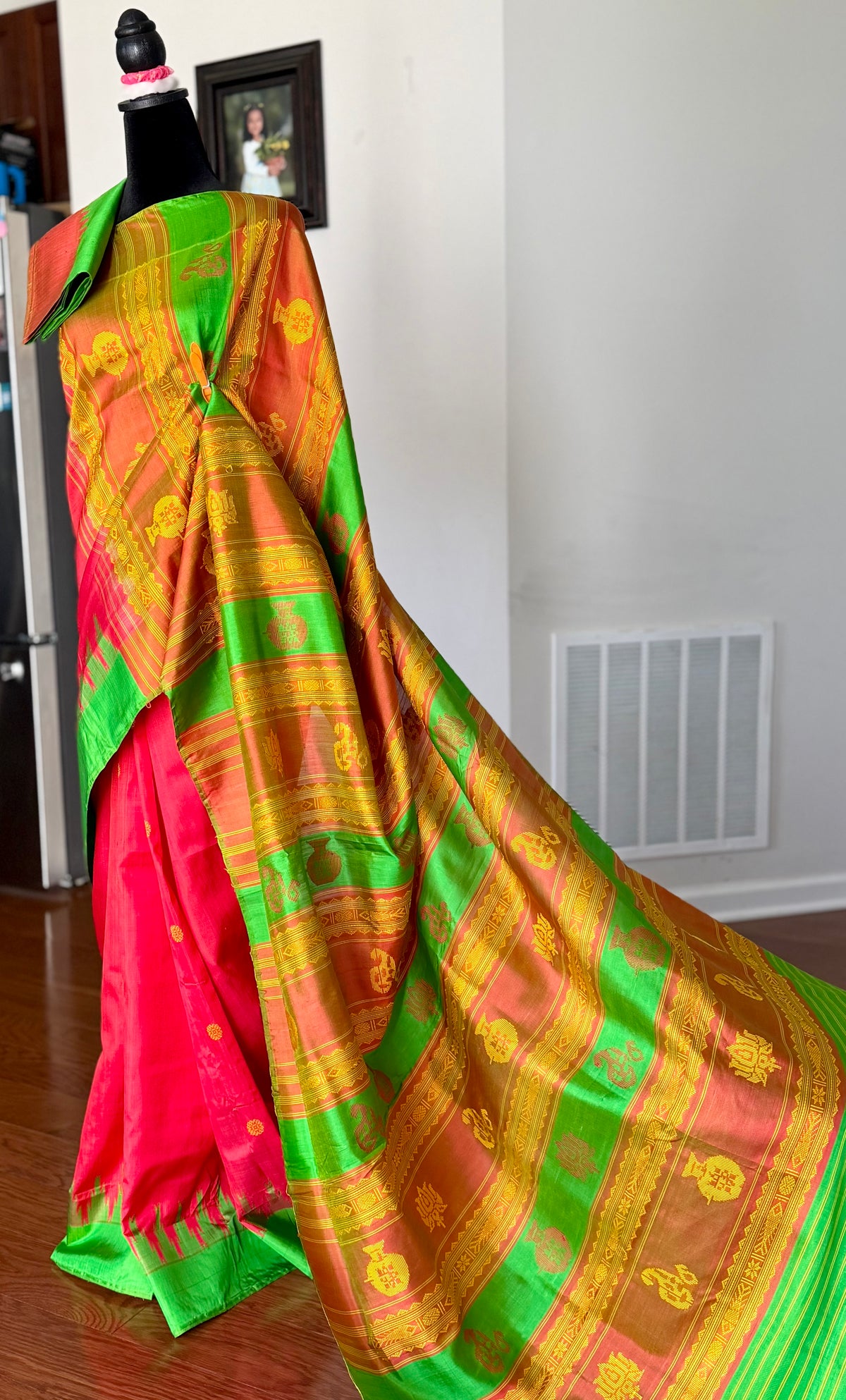Dark Peach Berhampuri double pallu handwoven  Pure Silk Saree