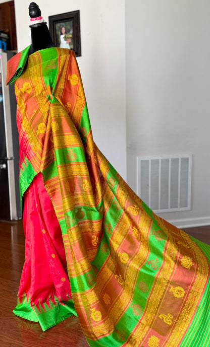 Dark Peach Berhampuri double pallu handwoven  Pure Silk Saree