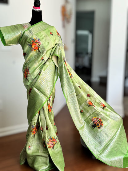 Beautiful Green color powerloom made banarasi pure silk saree with digital flower print and stitched blouse| Value Vogue