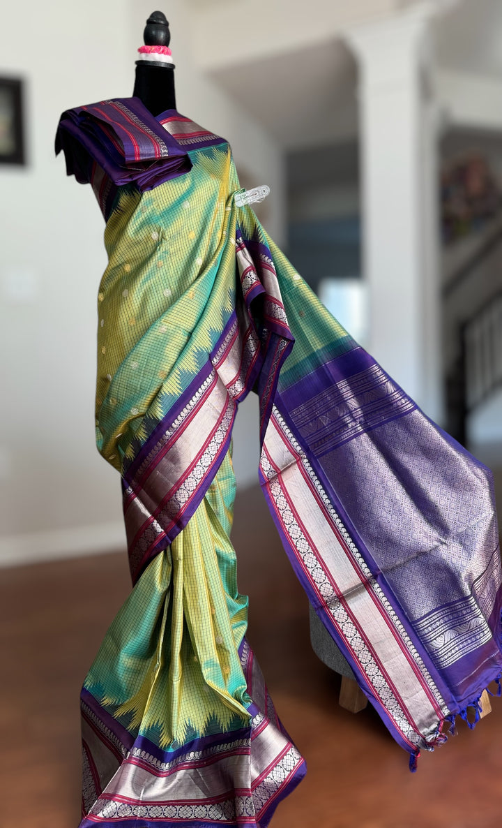 Light Green vintage Checks Gadwal Pure Silk Saree with zari buttas and contrast Indigo border