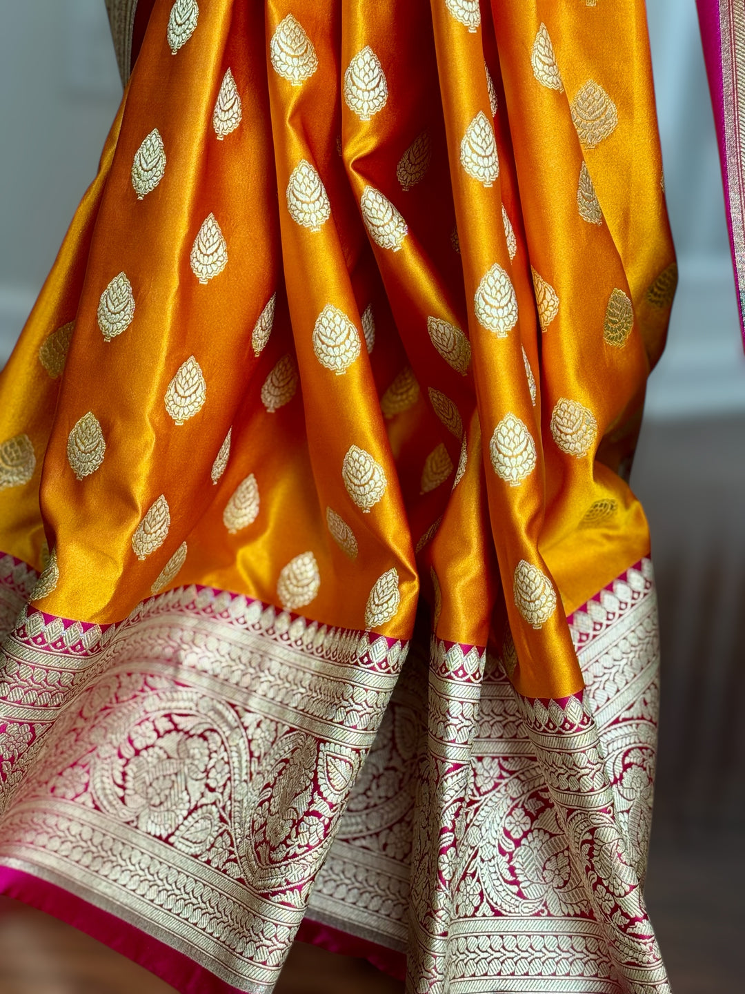 Orange Handloom Banarasi Silk Saree With Stitched Blouse