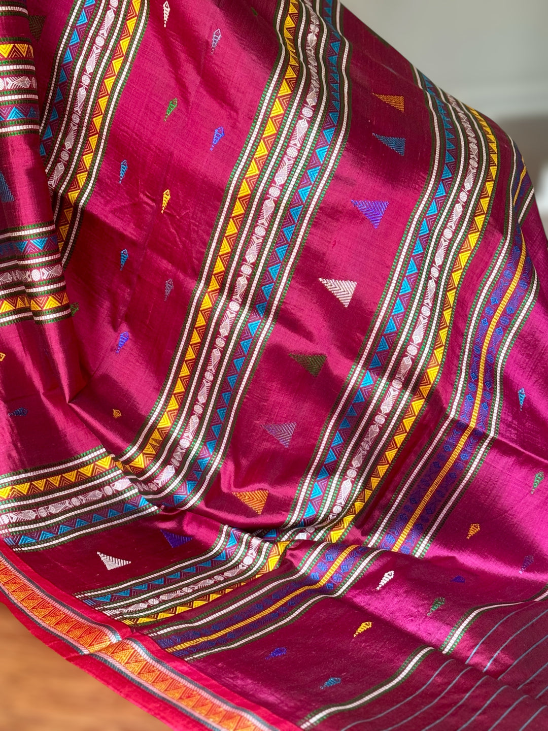 Light green and magenta pink combination Dongria double pallu contemporary ikat pure silk saree