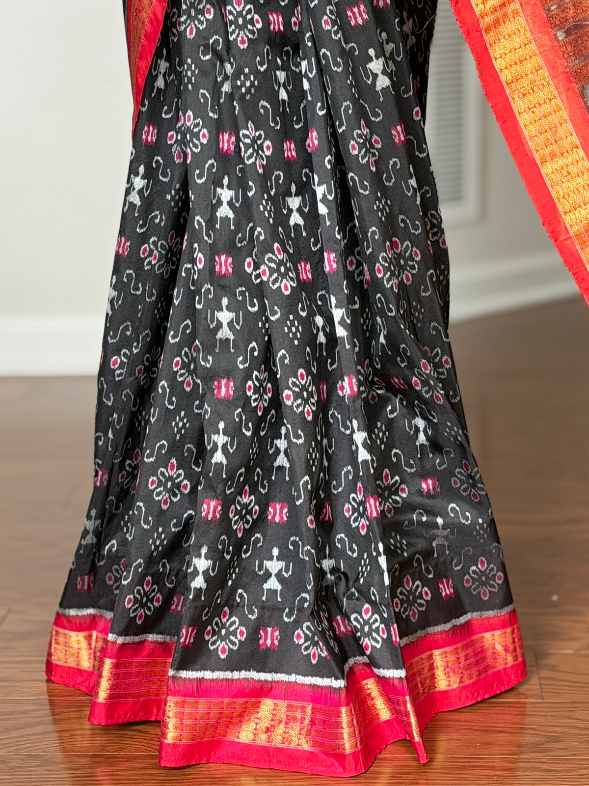 Black and rust red handwoven Sambalpuri pure Ikkat silk saree with tissue border and pallu | Odisha Weaves