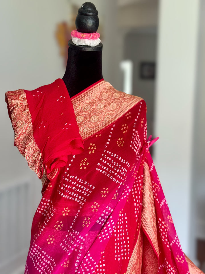 Pink with Red pure khaddi chiffon georgette rai bandhini saree