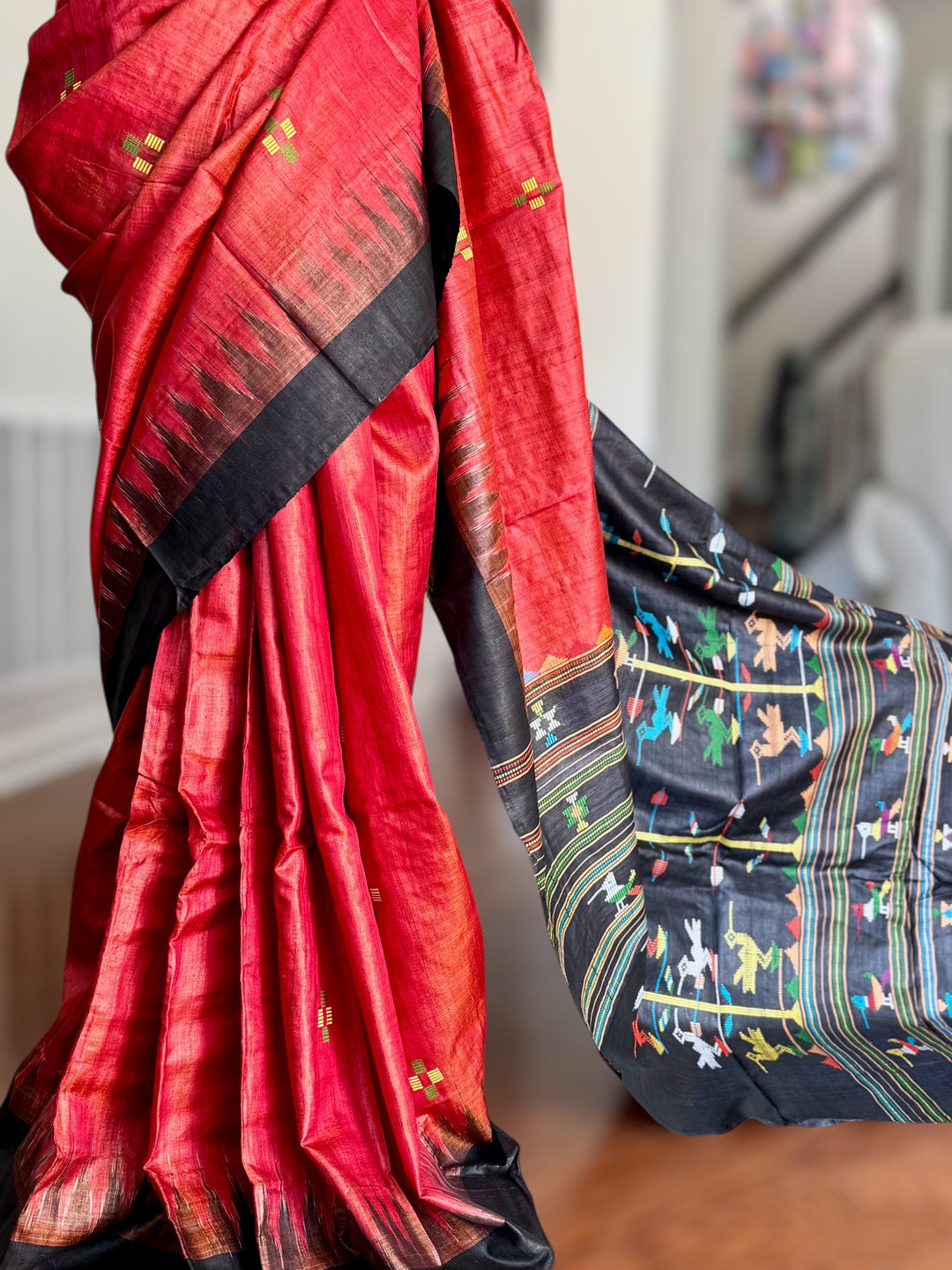 Orangish red Gopalpur Handwoven Tussar Saree with Ganjam Bomkai Pallu - Traditional Indian Saree|Odisha weaves